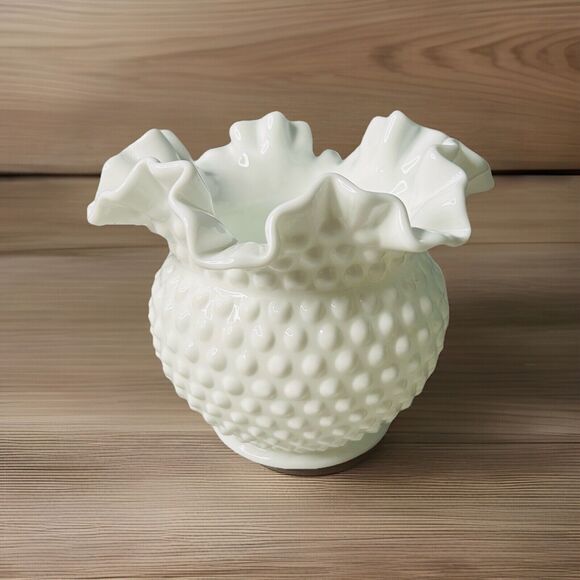 Fenton Other - Vintage Fenton 6” Tall White Milk Glass Ruffled Edge Hobnail Bouquet Vase Bowl